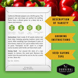 Seed packet for California Wonder peppers with growing instructions and tips on a green background with peppers.