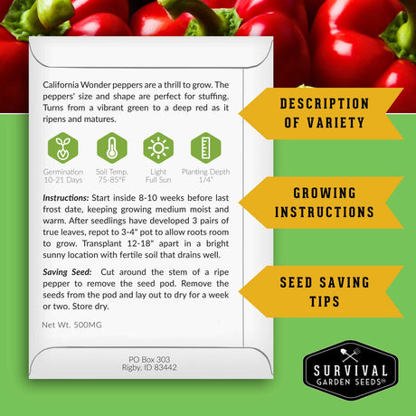 Seed packet for California Wonder peppers with growing instructions and tips on a green background with peppers.