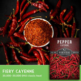 dried cayenne peppers and text that says Fiery Cayenne