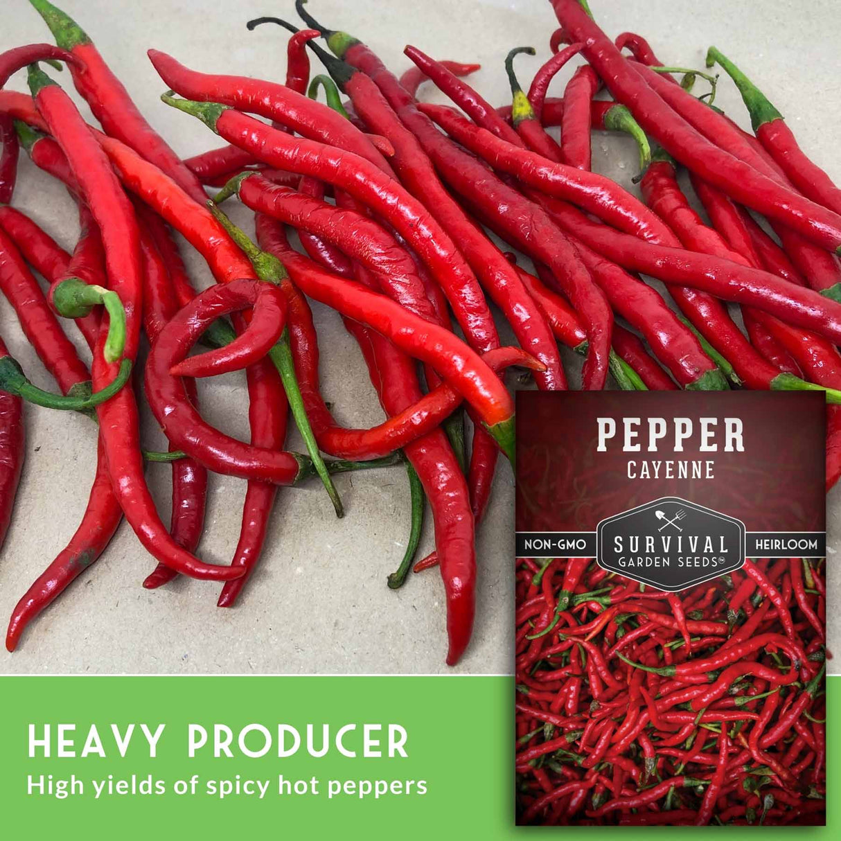 fresh cayenne peppers with text that says Heavy Producer