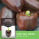 Chocolate-colored sweet bell pepper with a seed packet labeled 'Pepper Chocolate Beauty' on a dark background.