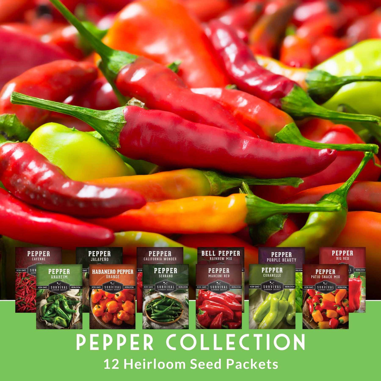 Collection of colorful peppers with seed packets labeled 'Pepper Collection' on a green background.