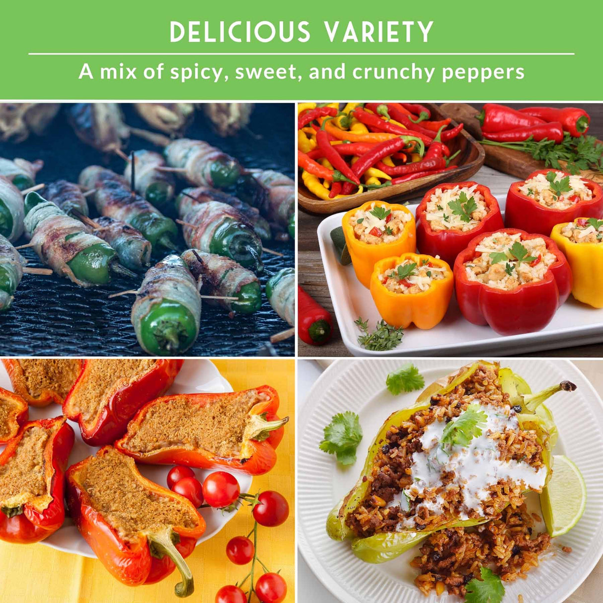 Collage of various pepper dishes with text 'Delicious Variety' and 'A mix of spicy, sweet, and crunchy peppers'.