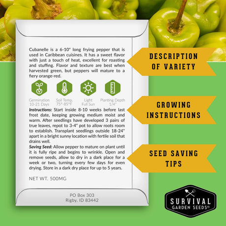 Survival Garden Seeds packaging with cubanelle pepper information on a green background