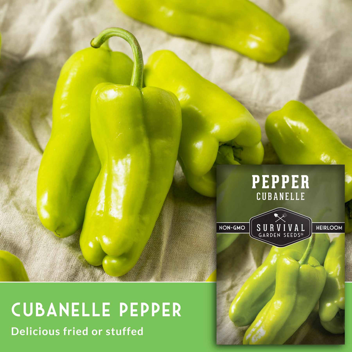 Cubanelle peppers with a label for Survival Garden Seeds on a textured fabric background