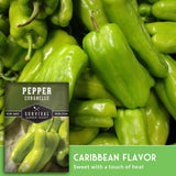Green peppers with a label for Survival Garden Seeds on a green background