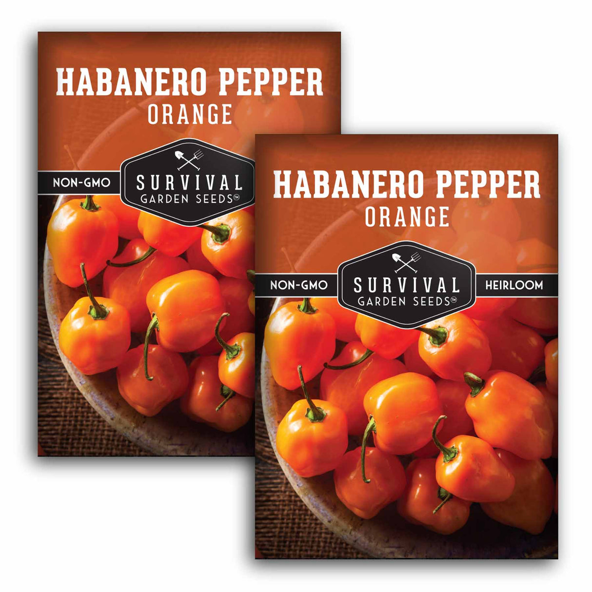 Two packages of Survival Garden Seeds Habanero Pepper Orange on a white background