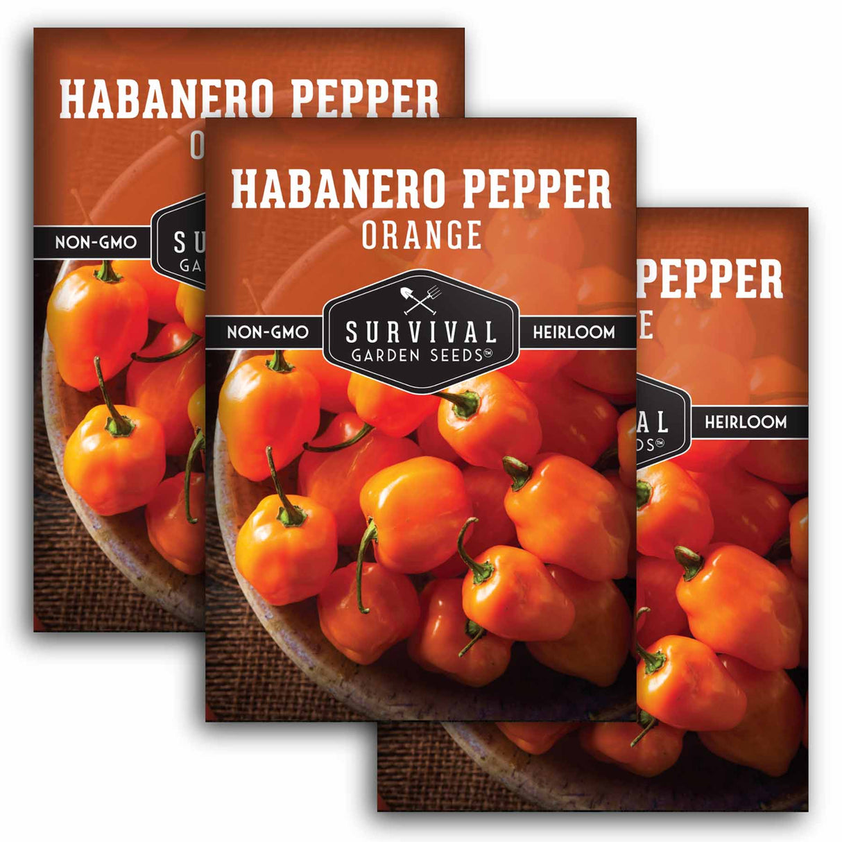 Three packages of Survival Garden Seeds Habanero Pepper seeds with images of habanero peppers on a white background.