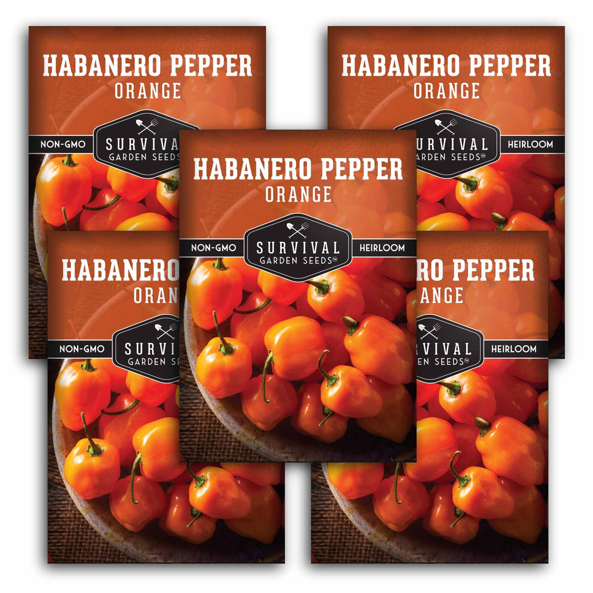 Five packages of Survival Garden Seeds Habanero Pepper Orange on a white background