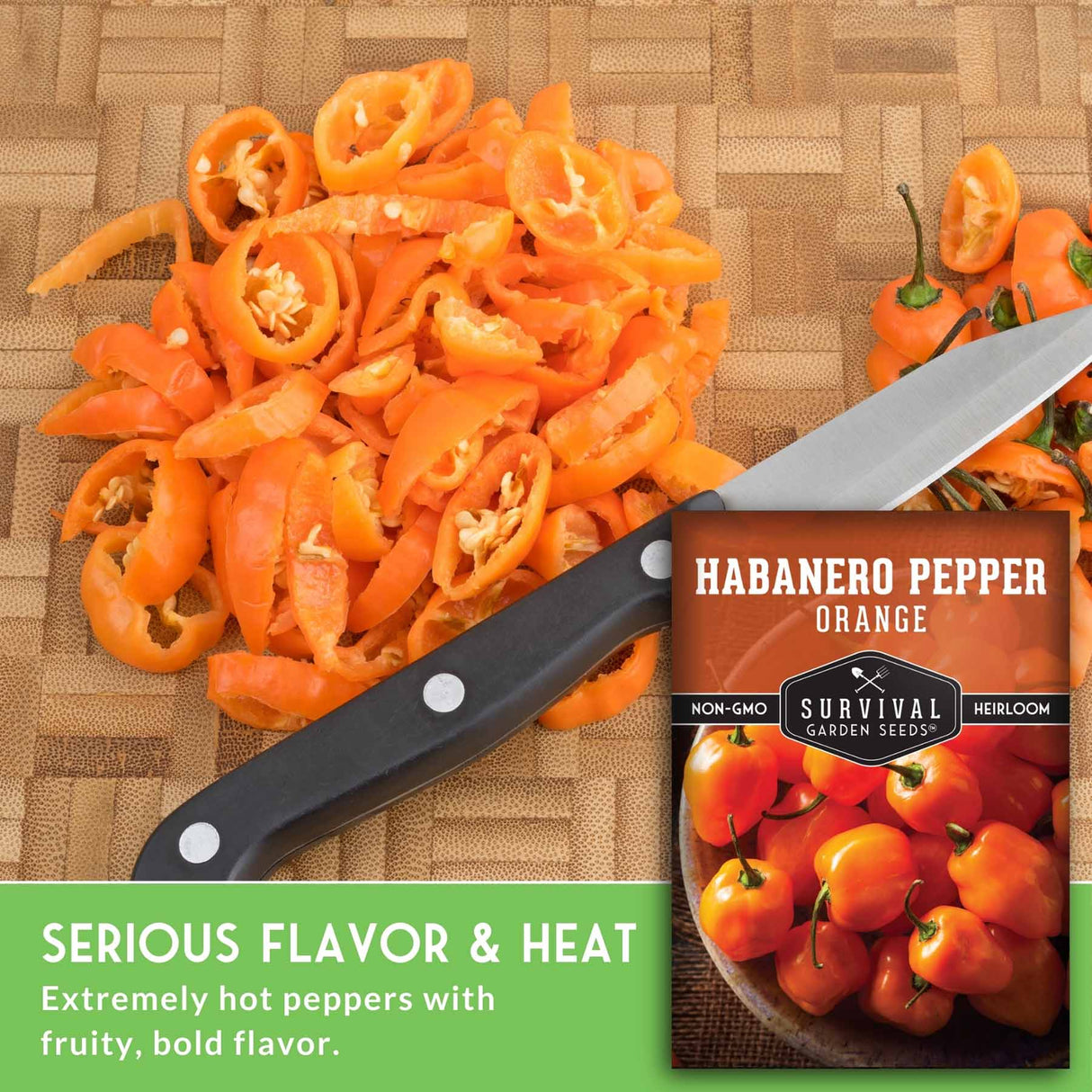 Habanero peppers on a cutting board with a knife and Survival Garden Seeds packaging.