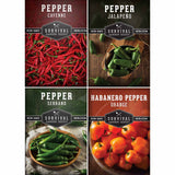 Four packages of Survival Garden Seeds with images of cayenne, jalapeño, serrano, and habanero peppers.
