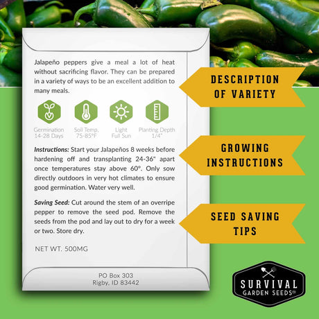 Jalapeno pepper seed packet with growing instructions and survival garden seeds logo.