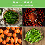 Collage of four types of peppers with text 'Turn up the Heat' and 'Four peppers with bold heat'.