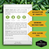 Jalapeno pepper seed packet with growing instructions on a green background