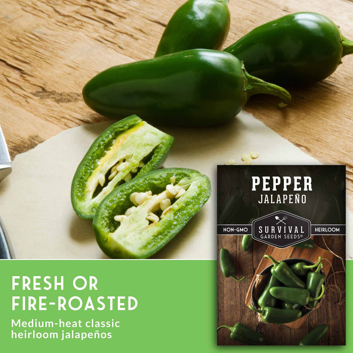 Jalapeno peppers on a wooden board with a seed packet labeled 'Survival Garden Seeds' in the corner.