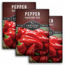 Three packages of Survival Garden Seeds Marconi Red Pepper with red peppers in a basket on a white background.