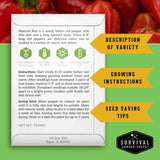 Seed packet for Marconi Red peppers with growing instructions and seed saving tips on a green background.