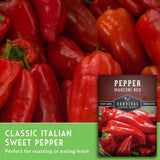 Red peppers with a package labeled 'Pepper Marconi Red' from Survival Garden Seeds.