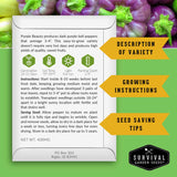 Seed packet for 'Purple Beauty' bell peppers with growing instructions and seed saving tips on a green background.