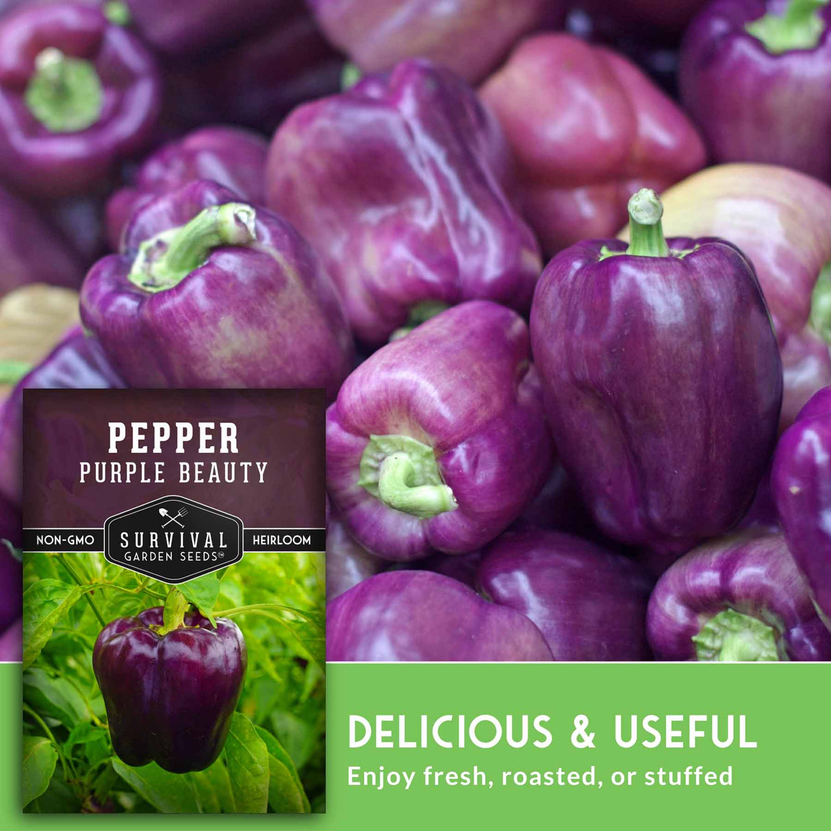 Purple peppers with a label for 'Purple Beauty' peppers from Survival Garden Seeds.