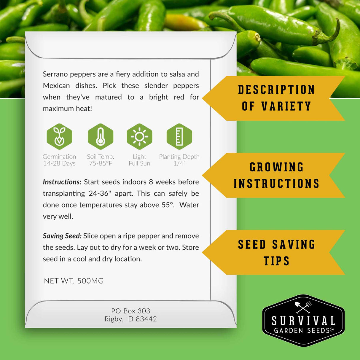 Serrano pepper seed packet with growing instructions and product details on a green background