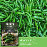 Serrano pepper seeds package with a close-up of green Serrano peppers.