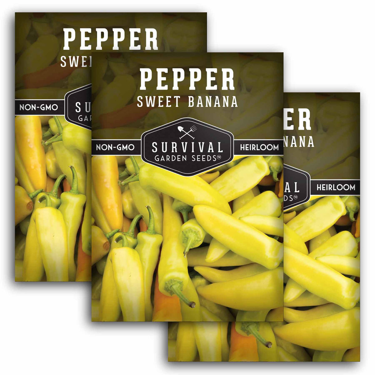 Three packages of Survival Garden Seeds Sweet Banana Pepper with images of yellow peppers on a white background.