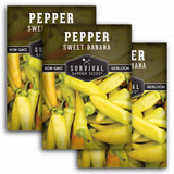 Three packages of Survival Garden Seeds Sweet Banana Pepper with images of yellow peppers on a white background.