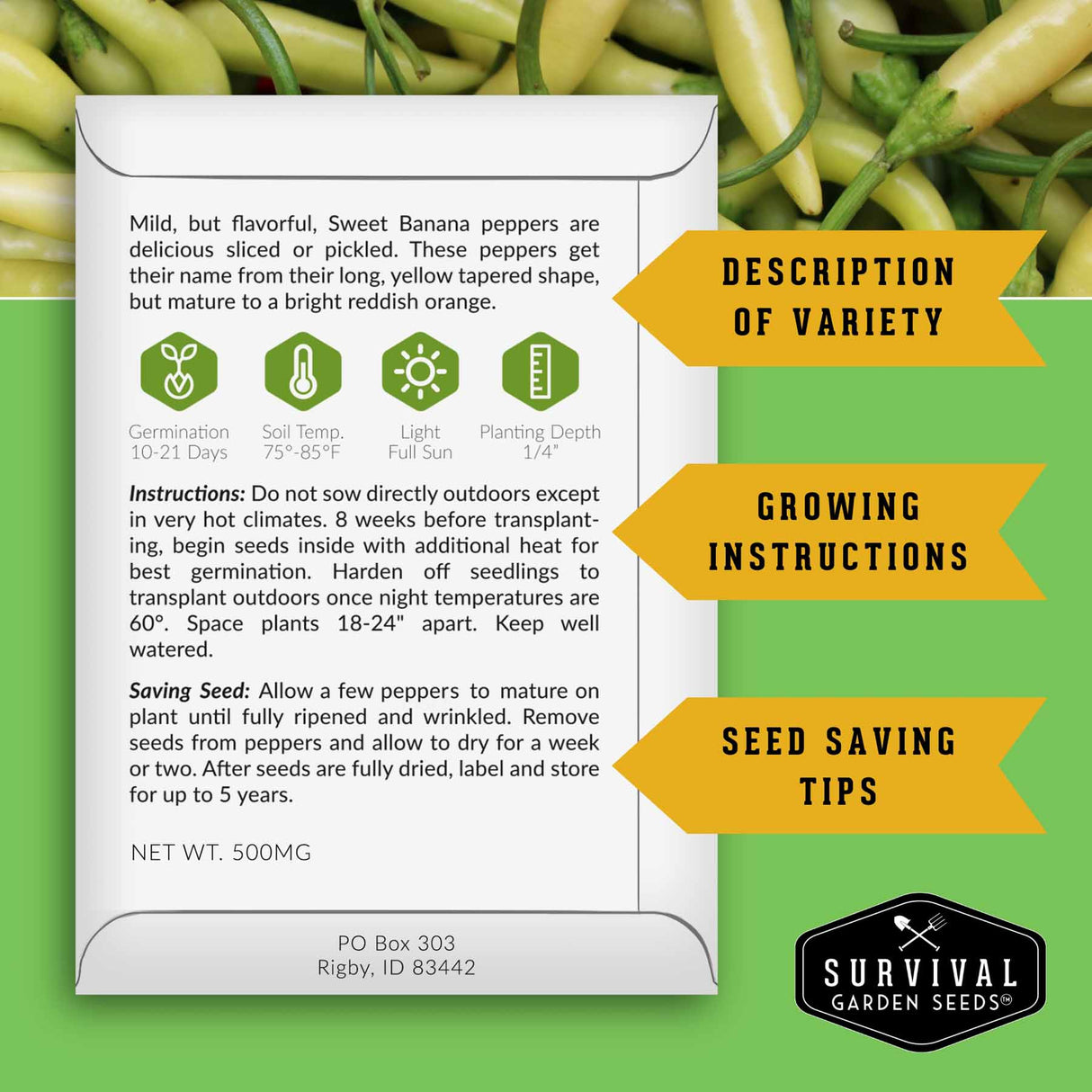 Survival Garden Seeds packaging with Sweet Banana pepper information on a green background