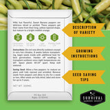 Survival Garden Seeds packaging with Sweet Banana pepper information on a green background