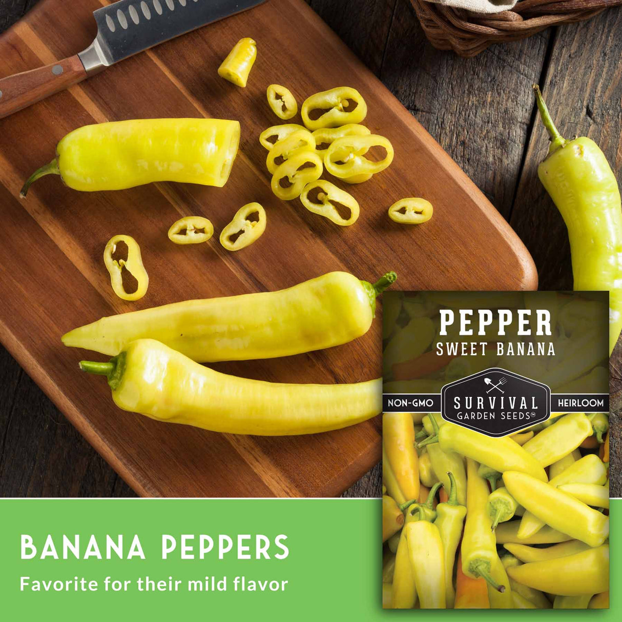 Sweet banana peppers on a wooden cutting board with a seed packet labeled 'Survival Garden Seeds' in the corner.