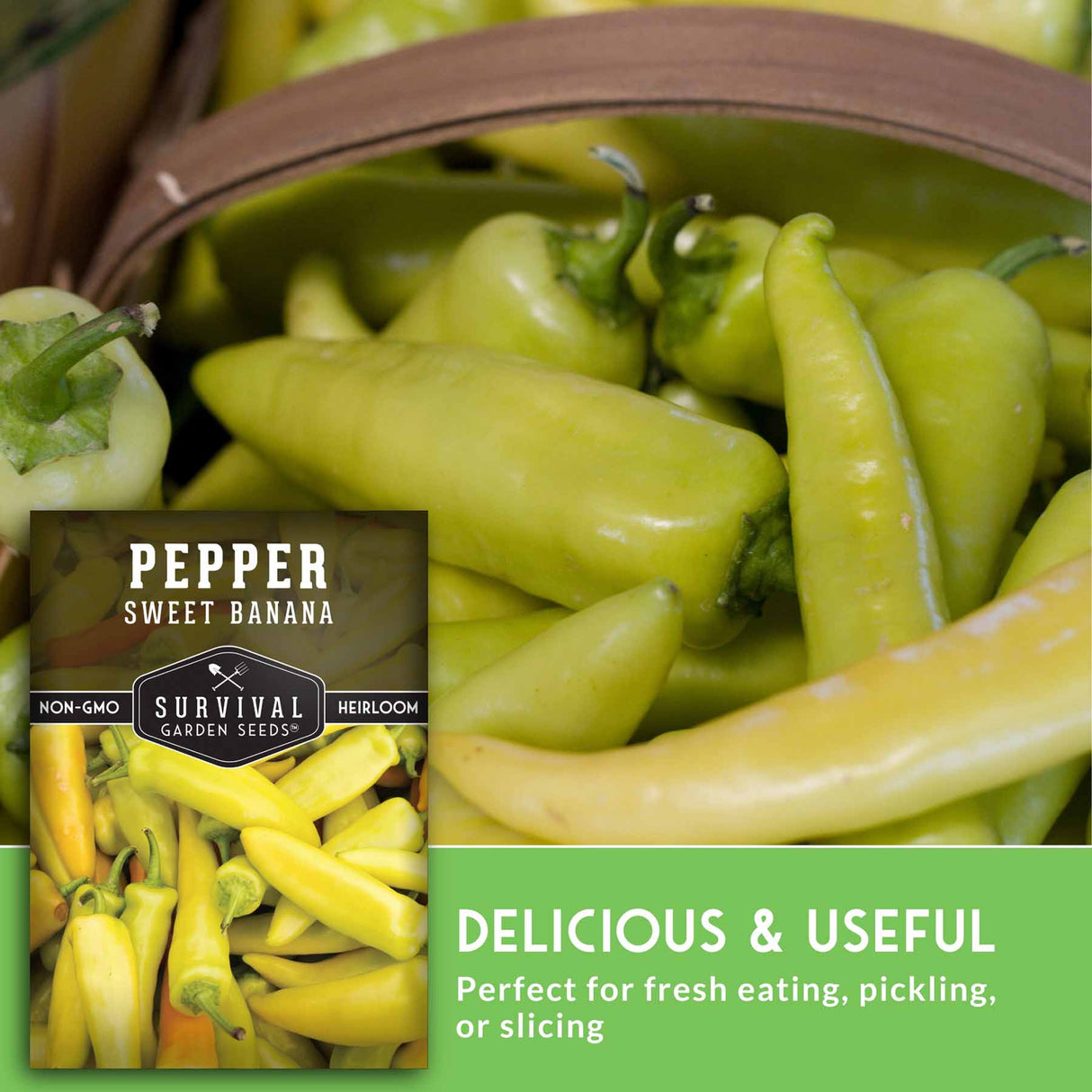 Basket of sweet banana peppers with branding and text overlay.