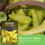 Basket of sweet banana peppers with branding and text overlay.
