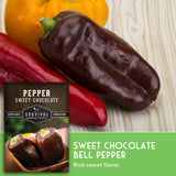 Sweet chocolate bell pepper with a label on a wooden surface