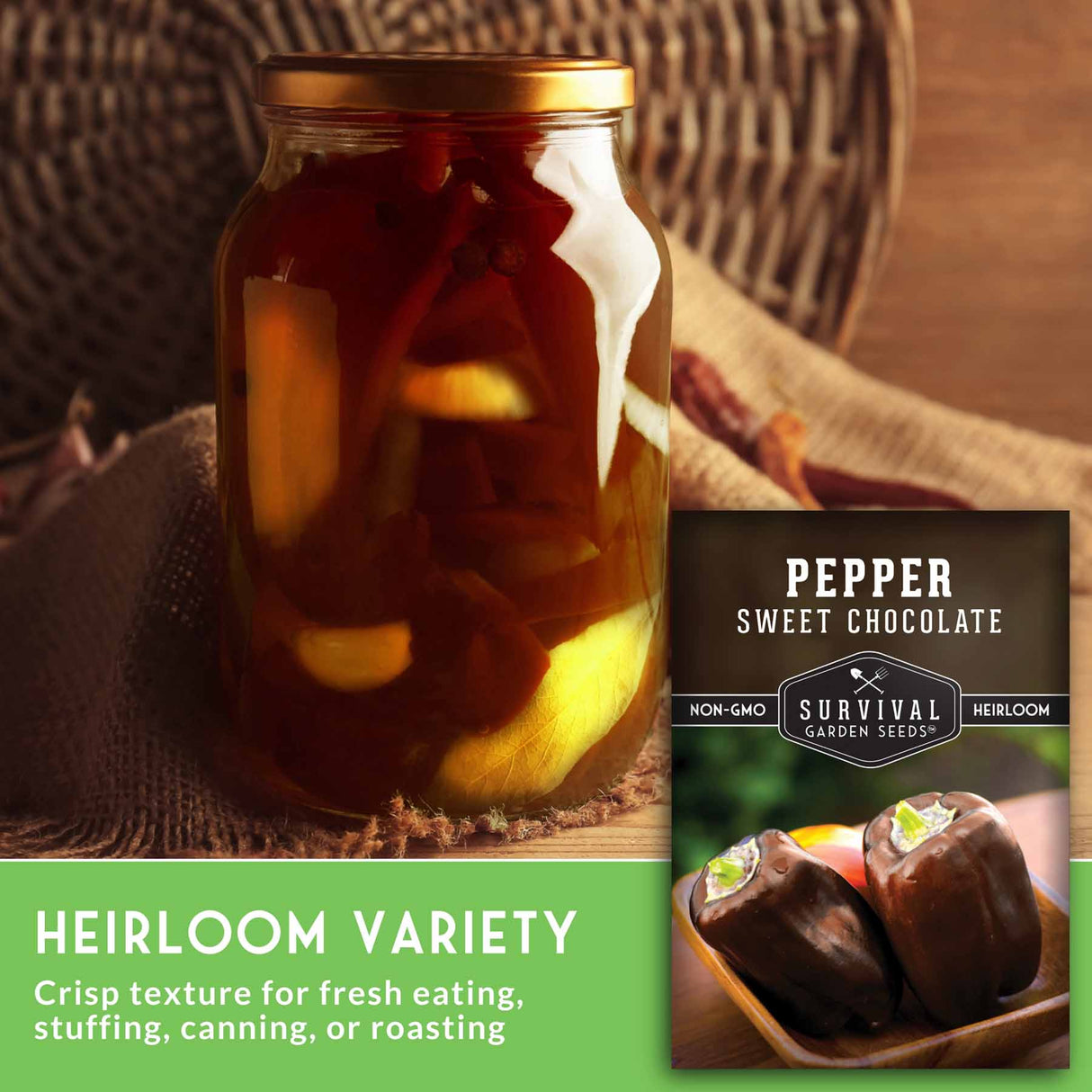 Jar of pickled vegetables with a package of sweet chocolate labeled 'Survival Garden Seeds' on a wooden surface.