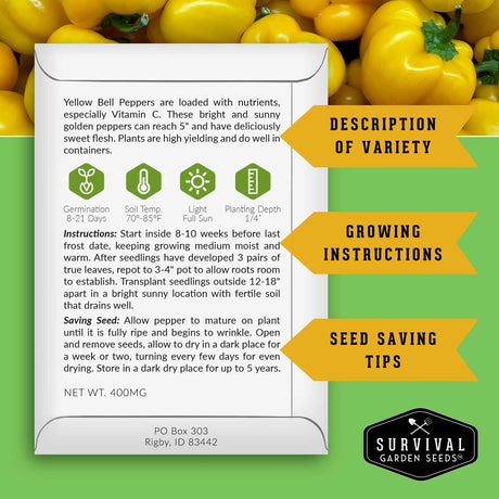 Yellow bell pepper seed packet with growing instructions and survival garden seeds logo on a green background.