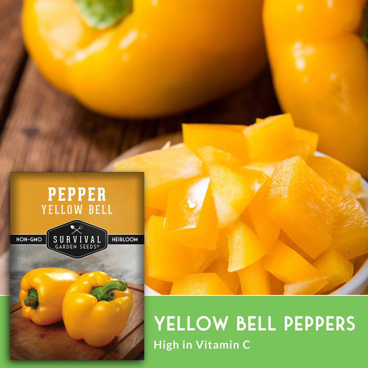 Yellow bell peppers with a seed packet labeled 'Survival Garden Seeds' on a wooden surface.