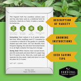 Survival Garden Seeds packaging with herb information on a green background