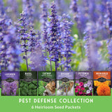 Heirloom seed packets for a pest defense collection with a background of purple flowers.