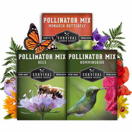 Survival Garden Seeds Pollinator Mix packages with butterflies, bees, and hummingbirds on a white background.