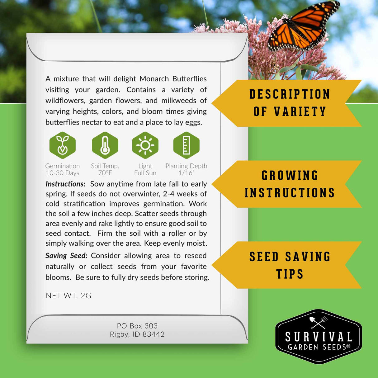 Survival Garden Seeds packaging with butterfly and flowers on a green background