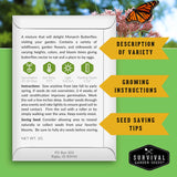 Survival Garden Seeds packaging with butterfly and flowers on a green background