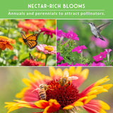 Collage of flowers, butterflies, and a bee with text about attracting pollinators.