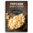 Survival Garden Seeds Japanese Hullless popcorn package with a spoonful of popcorn on a wooden background.
