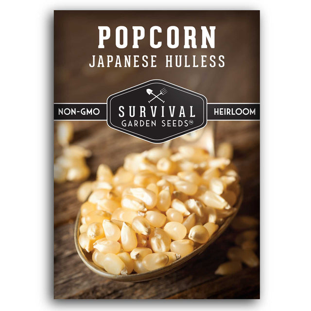 Survival Garden Seeds Japanese Hullless popcorn package with a spoonful of popcorn on a wooden background.