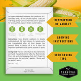 Survival Garden Seeds corn seed packet with growing instructions and tips on a green and yellow background.