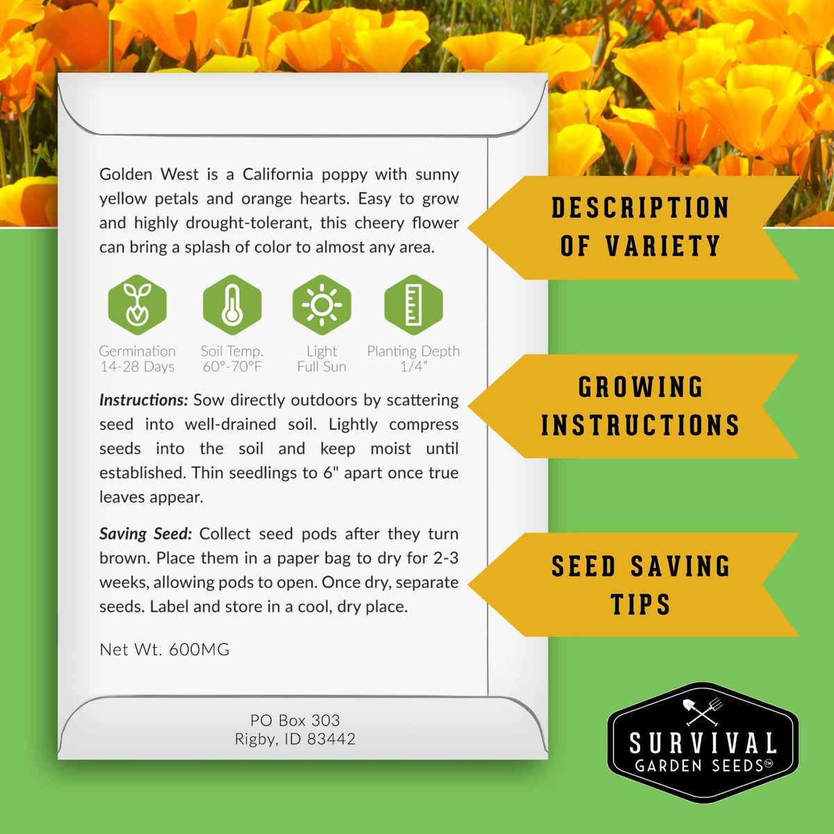 An informational card about Golden West cheery flower seeds from Survival Garden Seeds, set against a background of bright orange flowers and green leaves. The card contains variety description, growing instructions, and seed saving tips with green icons.