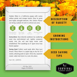 An informational card about Golden West cheery flower seeds from Survival Garden Seeds, set against a background of bright orange flowers and green leaves. The card contains variety description, growing instructions, and seed saving tips with green icons.