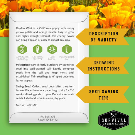 An informational card about Golden West cheery flower seeds from Survival Garden Seeds, set against a background of bright orange flowers and green leaves. The card contains variety description, growing instructions, and seed saving tips with green icons.