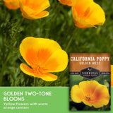 California poppy flowers in a golden two-tone bloom, with a product label overlay for Survival Garden Seeds 'Golden West' and a green text banner describing the yellow flowers with warm orange centers.